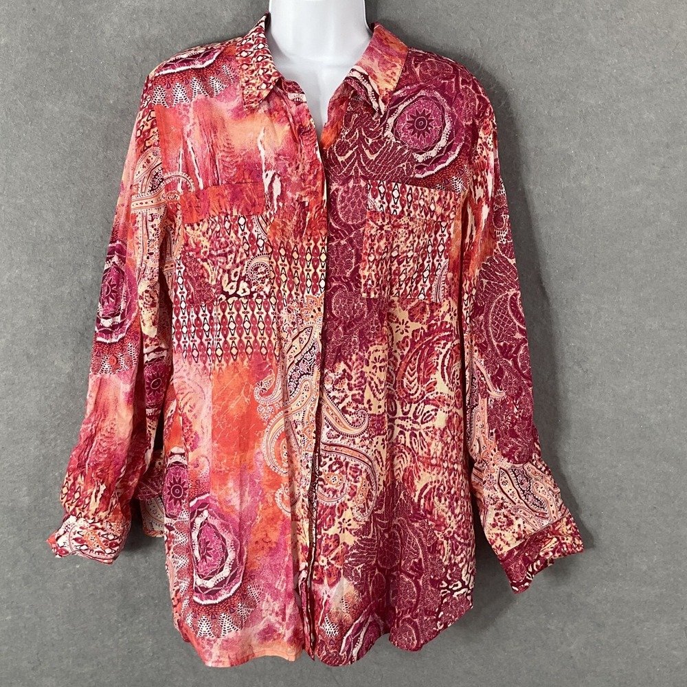 Chino's Top Womens Sz Large Red Orange Button Up Tab Sleeve Patchwork Print Boho